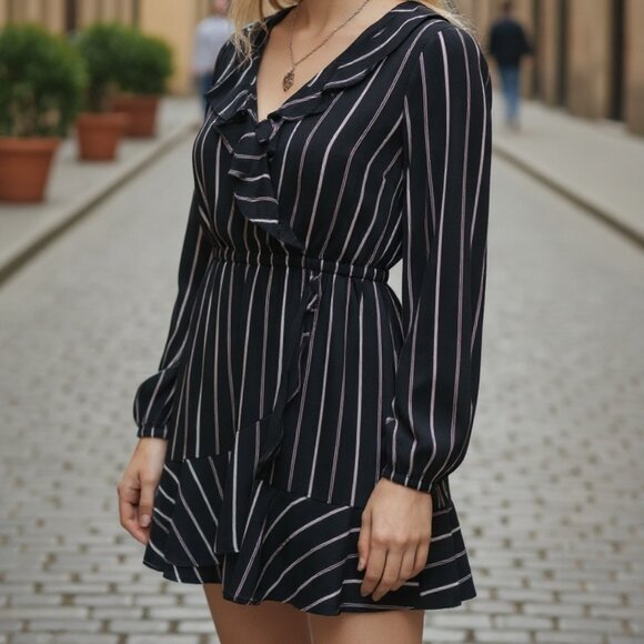 Express Long Sleeved Black and White Striped Ruffle Mock Wrap Dress - XS - Picture 1 of 4